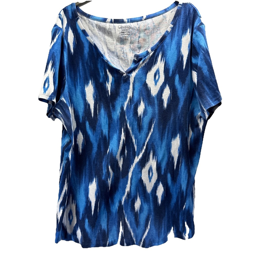 Chicos Women's Top Size XL Blue‎ White 100% Cotton Short Sleeve V Neck Pullover